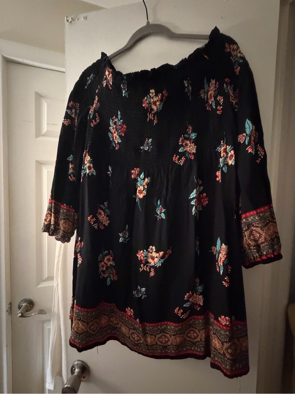 Xhilaration Black Floral Off-Shoulder Tunic with Border Print dress